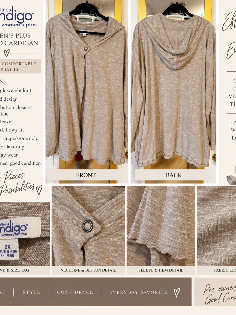 Indigo Women’s Plus Taupe/Stone Hooded Lightweight Cardigan